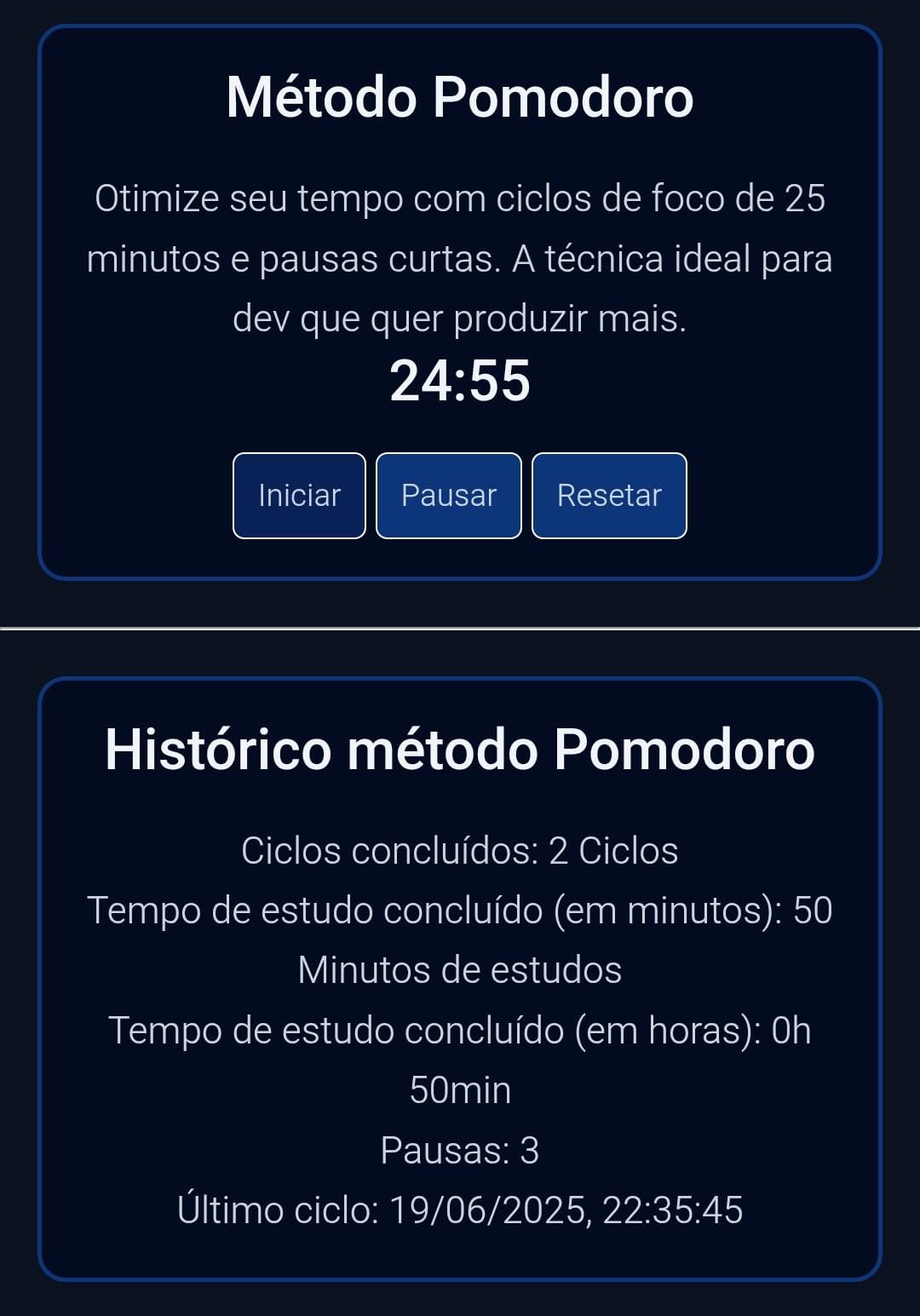 Print do Cronômetro utilizando o método pomodoro no app Codeflow